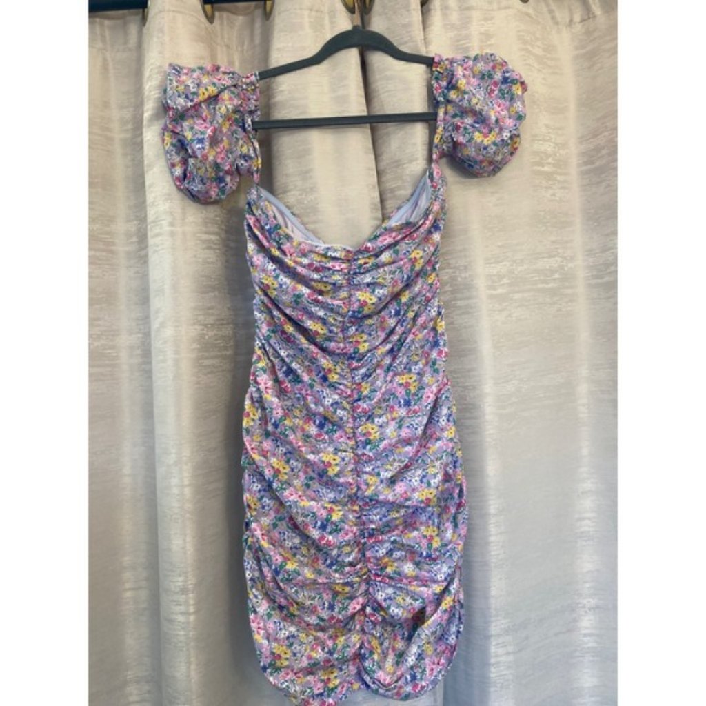 Sndys Floral Mini Dress Ruched Bodycon Puff Sleeve Party Purplesize Medium.
